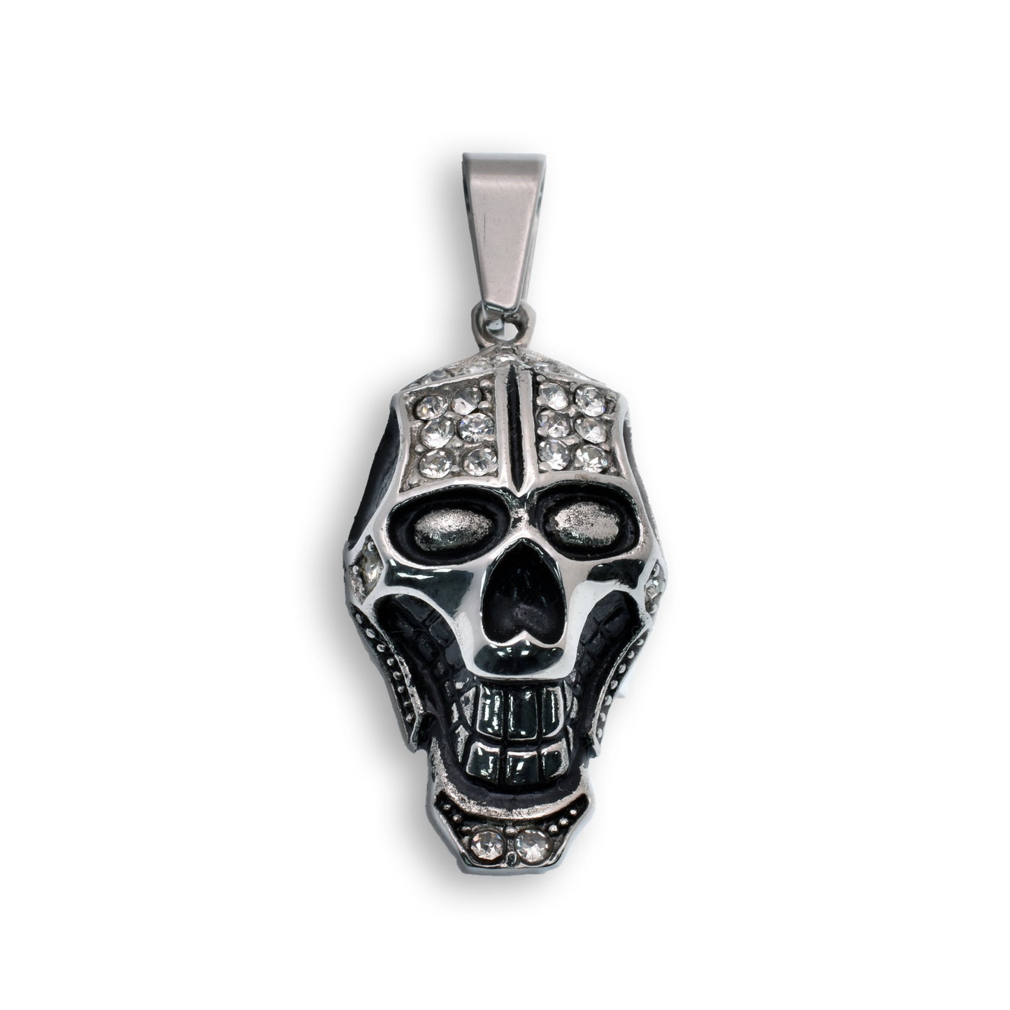 Rhodium Plated Stainless Steel Accented Skull Gothic Biker Clear CZ 17.5mm x 30mm Pendant - SSP00319