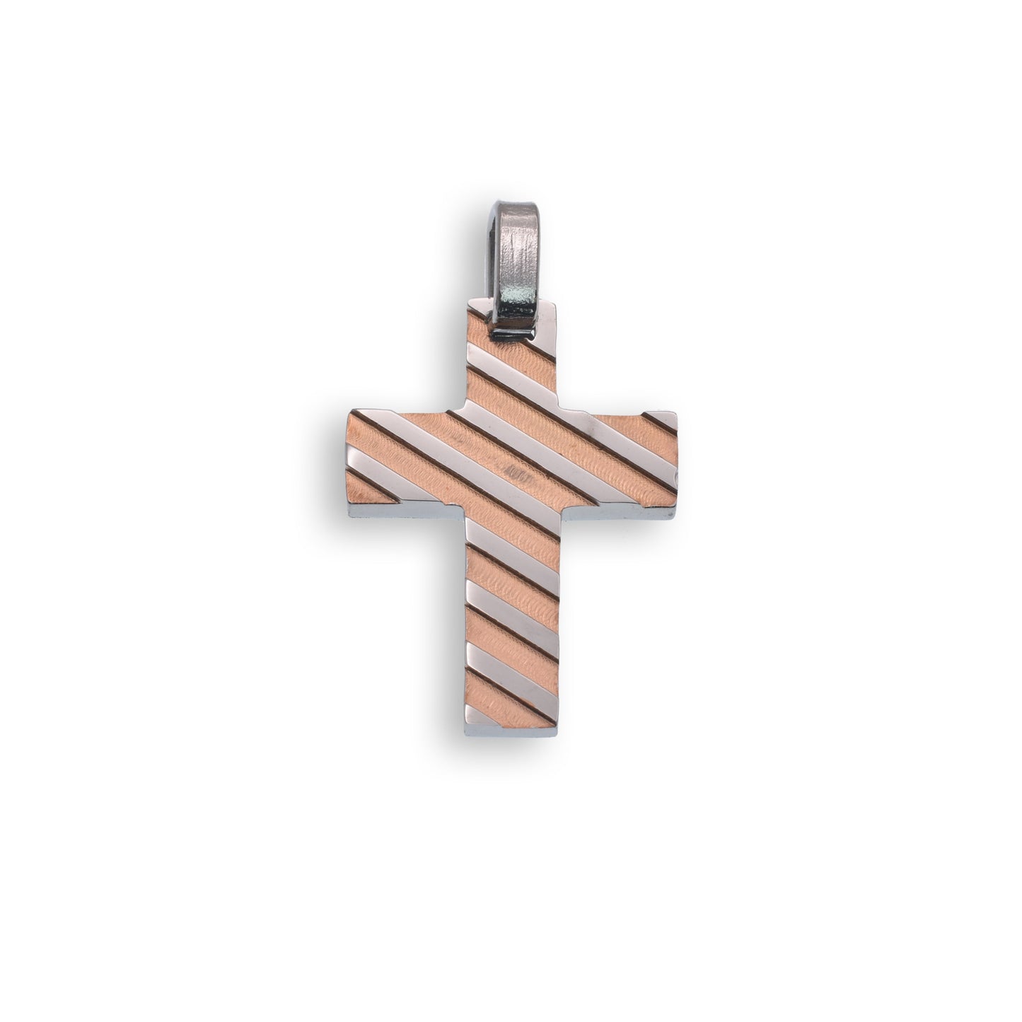 Two Tone Rose Gold & Rhodium Plated Stainless Steel Stripped Cross Pendant - SSP00505