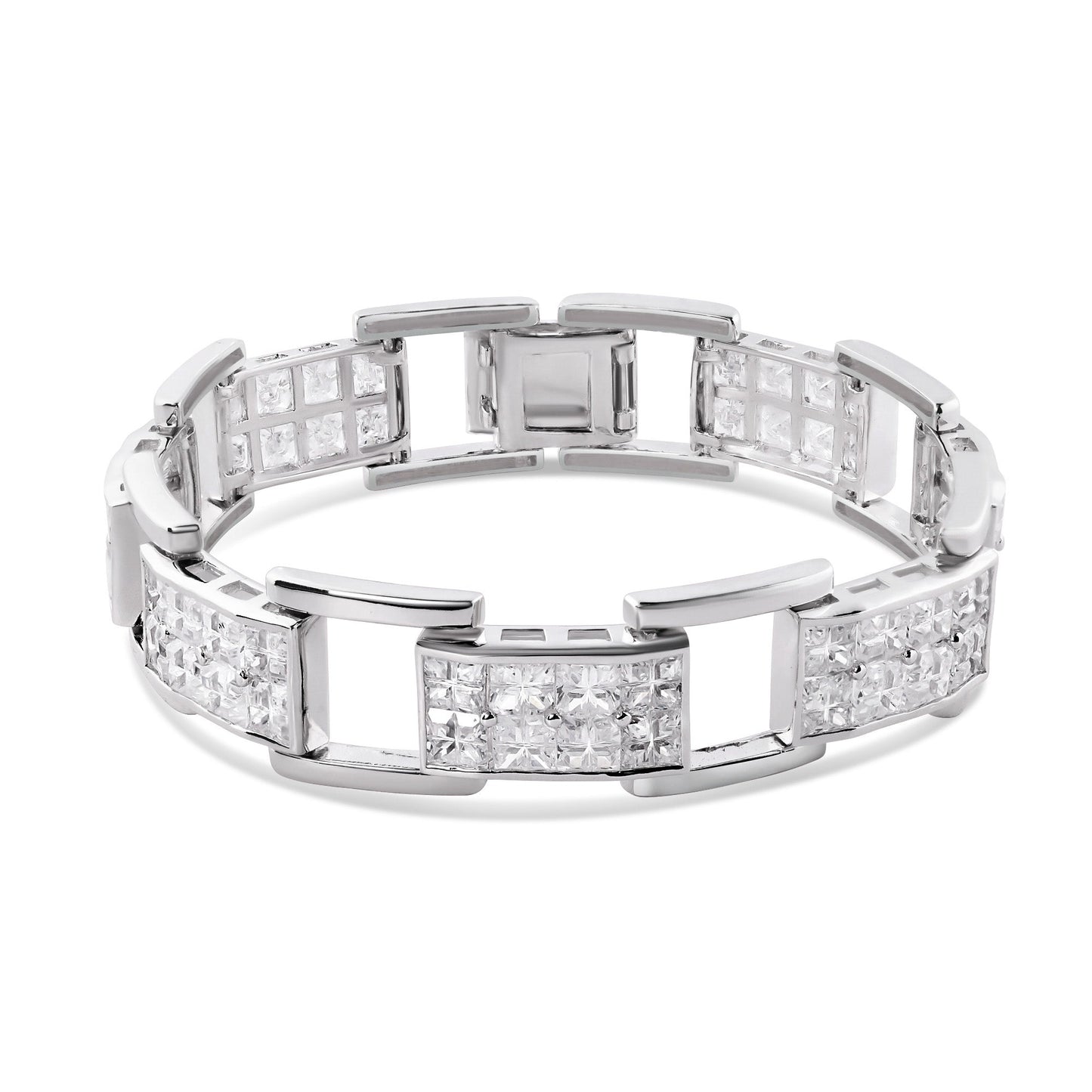 Rhodium Plated 925 Sterling Silver Link Clear Square CZ Studded Men's Bracelet - STBM00037