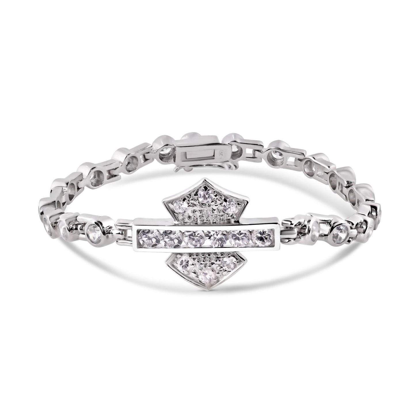 Silver Rhodium Plated CZ Biker Emblem Bracelet - STBM00039
