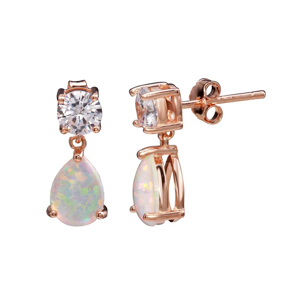 Silver 925 Rose Gold Plated Mini Dangling Teardrop Earrings with CZ and Synthetic Opal - STE01164RGP | Silver Palace Inc.