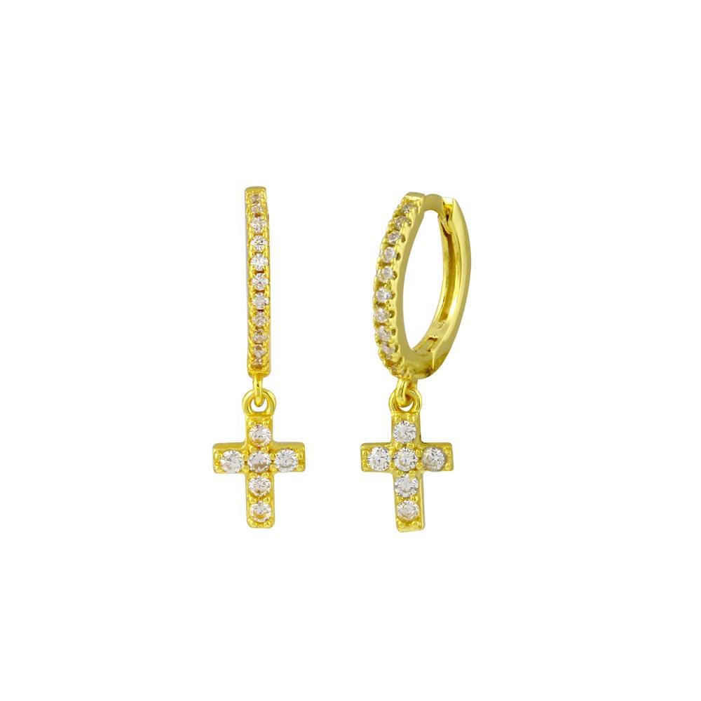 Silver 925 Gold Plated Dangling Cross CZ huggie hoop Earrings - STE01211GP | Silver Palace Inc.