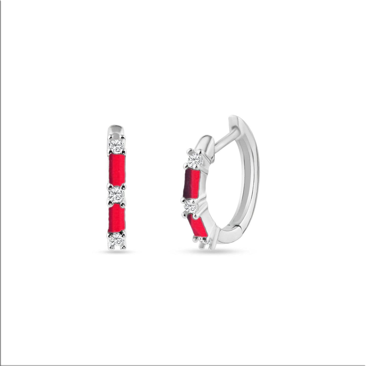 Sterling Silver Rhodium Plated Red CZ Huggie Hoop Earring 13.2mm - STE01331-RED