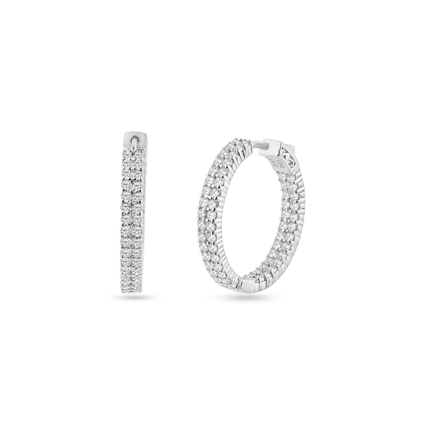 Rhodium Plated Huggie 2 Row Clear CZ Earring 24mm - STE01345 | Silver Palace Inc.