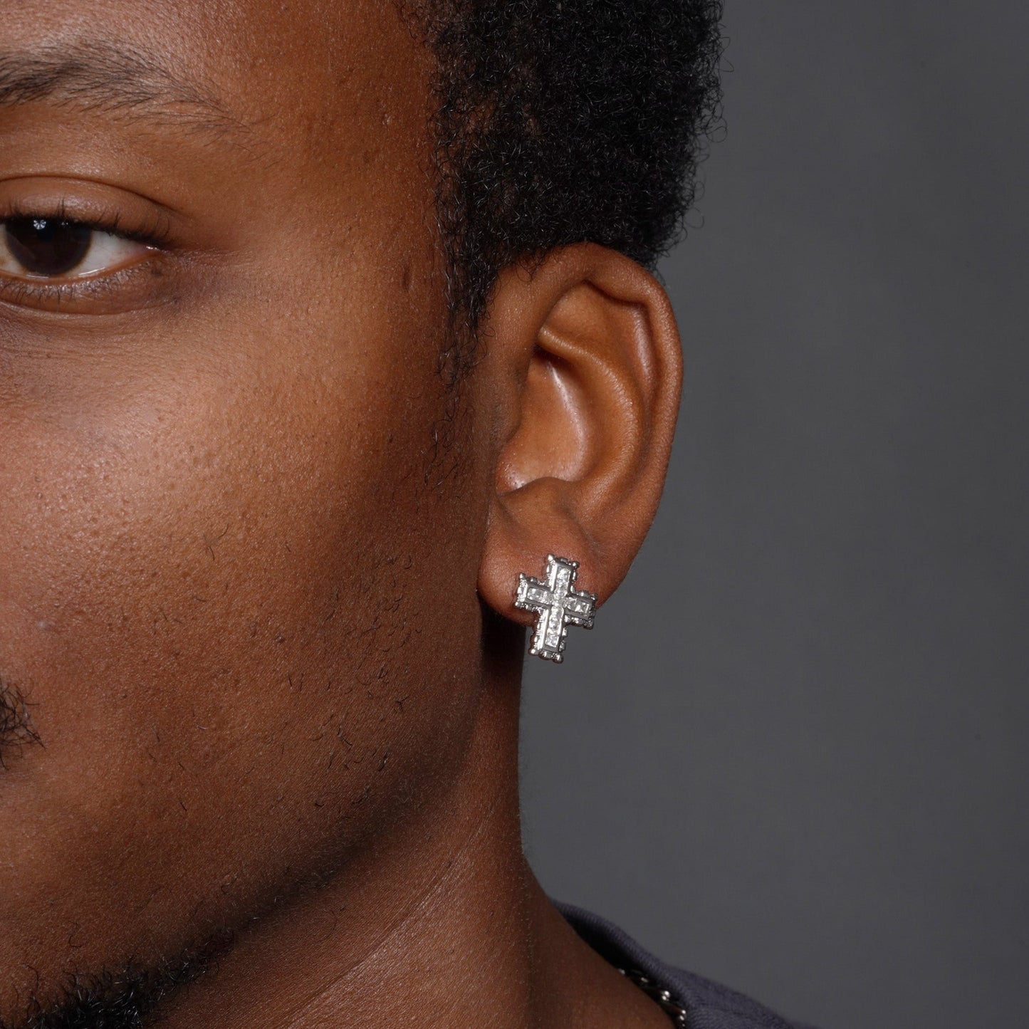 Clearance- Rhodium Plated 925 Sterling Silver Cross Clear CZ Stud Earring - STEM022