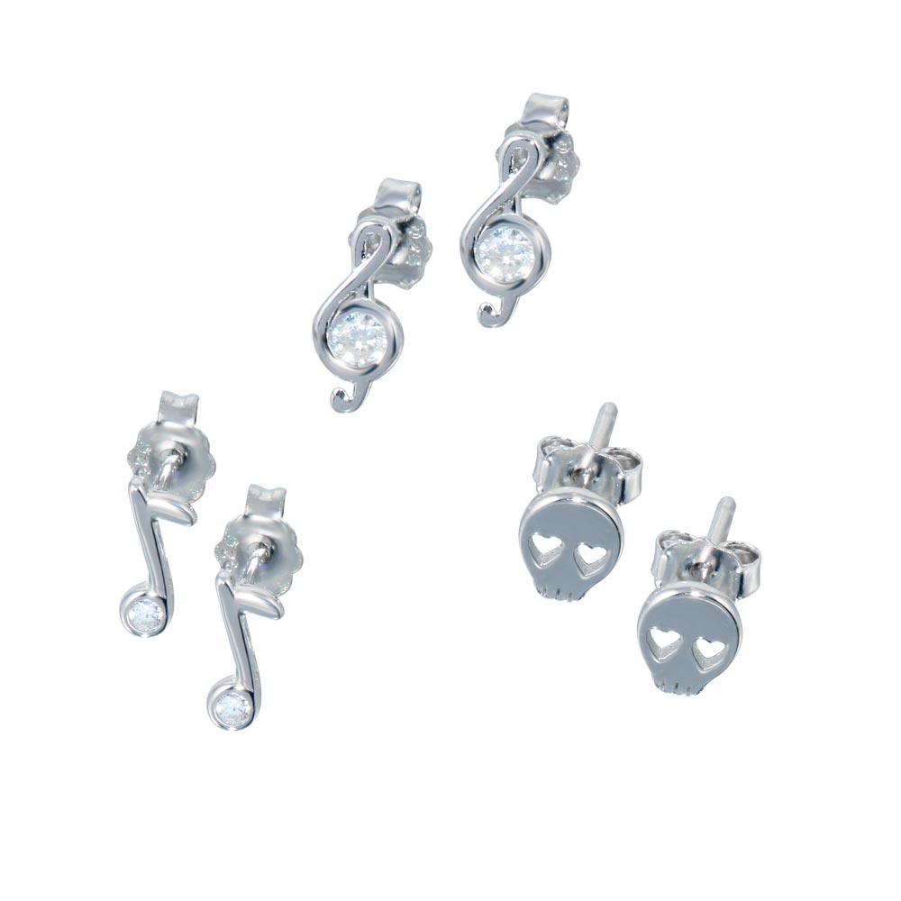 Rhodium Plated 925 Sterling Silver Musical Note Skull CZ Earrings Set - STES00011 | Silver Palace Inc.