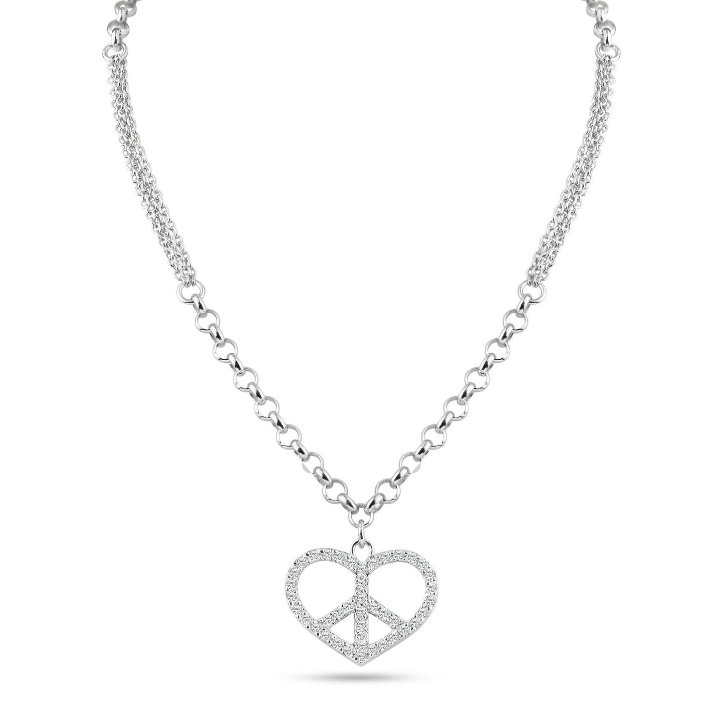 Rhodium Plated 925 Sterling Silver Double Chain Heart Peace Clear CZ Necklace - STP00867 | Silver Palace Inc.