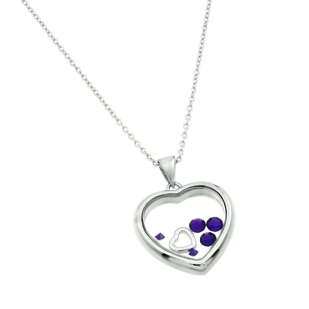 Rhodium Plated 925 Sterling Silver CZ February Birthstone Glass Heart Necklace - STP01469FEB | Silver Palace Inc.