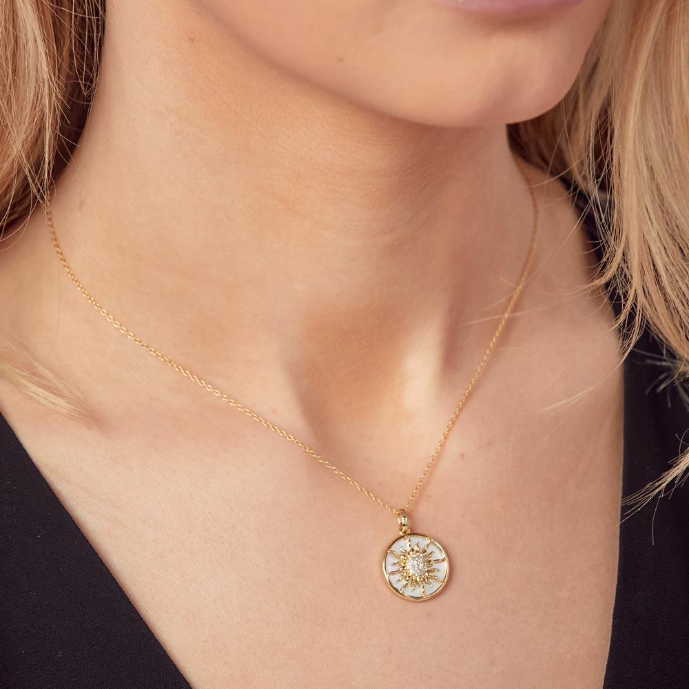Gold Plated 925 Sterling Silver MOP CZ Sun Necklace - STP01776