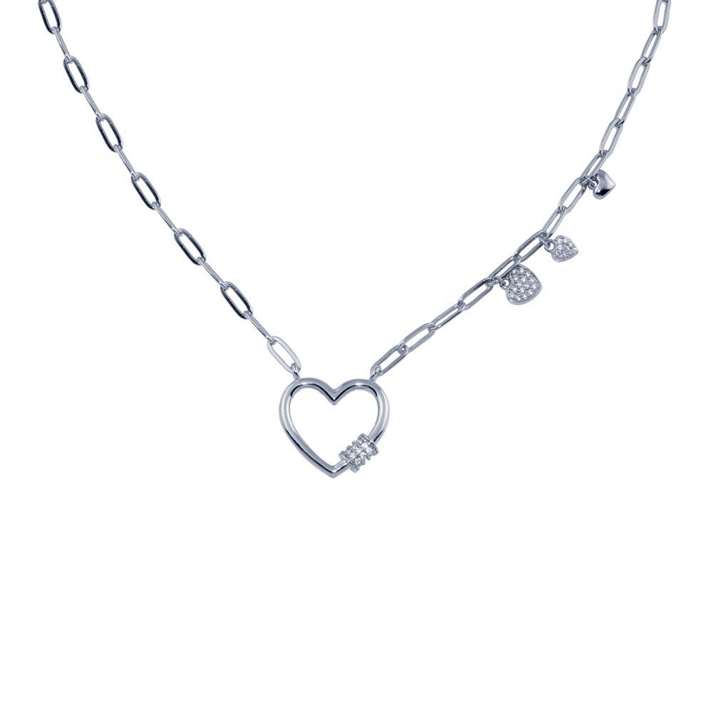 Rhodium Plated 925 Sterling Silver Heart CZ Paperclip Necklace - STP01802RH | Silver Palace Inc.