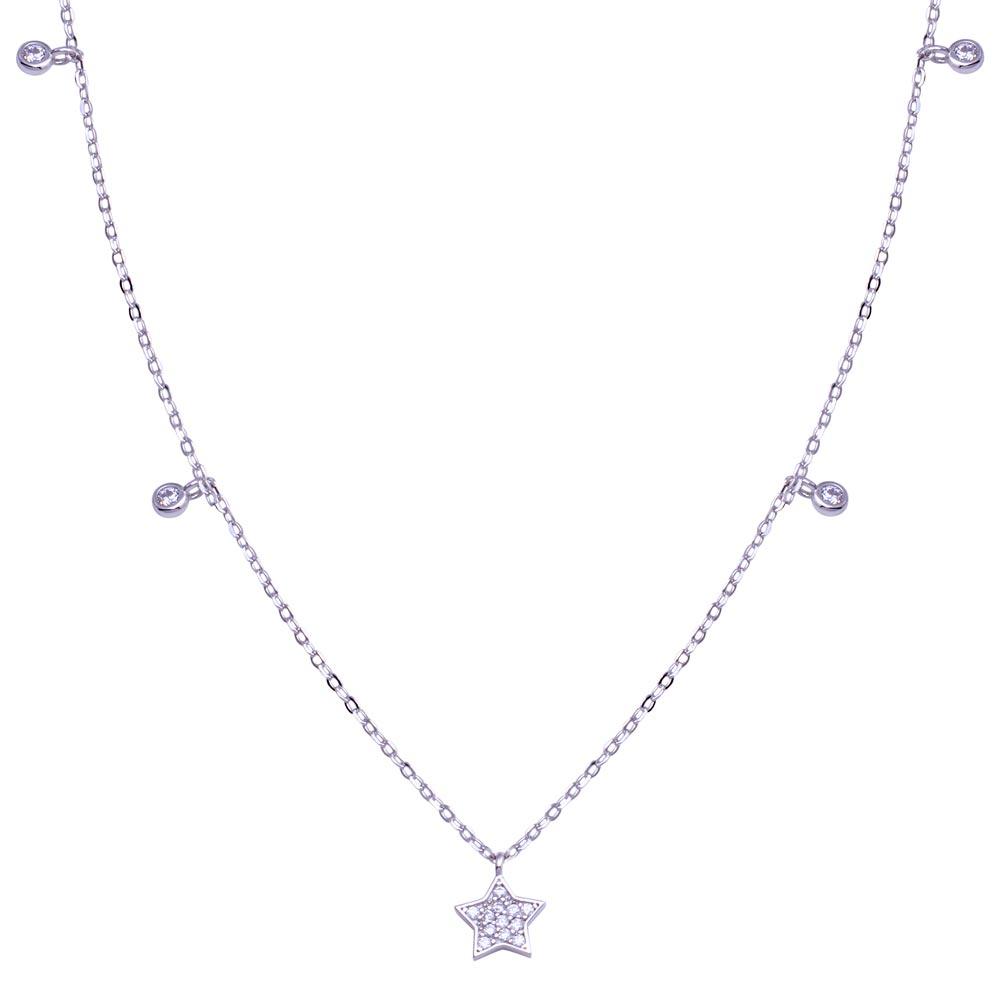 Rhodium Plated 925 Sterling Silver Star and Round CZ Necklace - STP01811 | Silver Palace Inc.