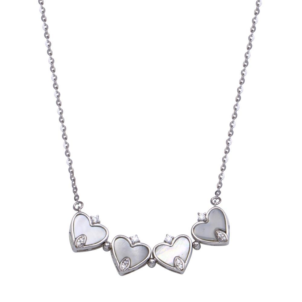 Rhodium Plated 925 Sterling Silver CZ MOP Magnetic Flower Heart Necklace - STP01826