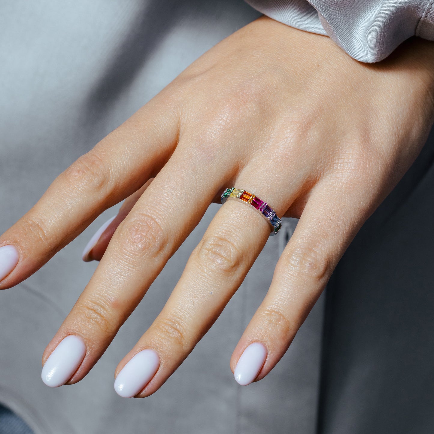 Rhodium Plated 925 Sterling Silver Multi Color Half Eternity CZ Ring - STR01117