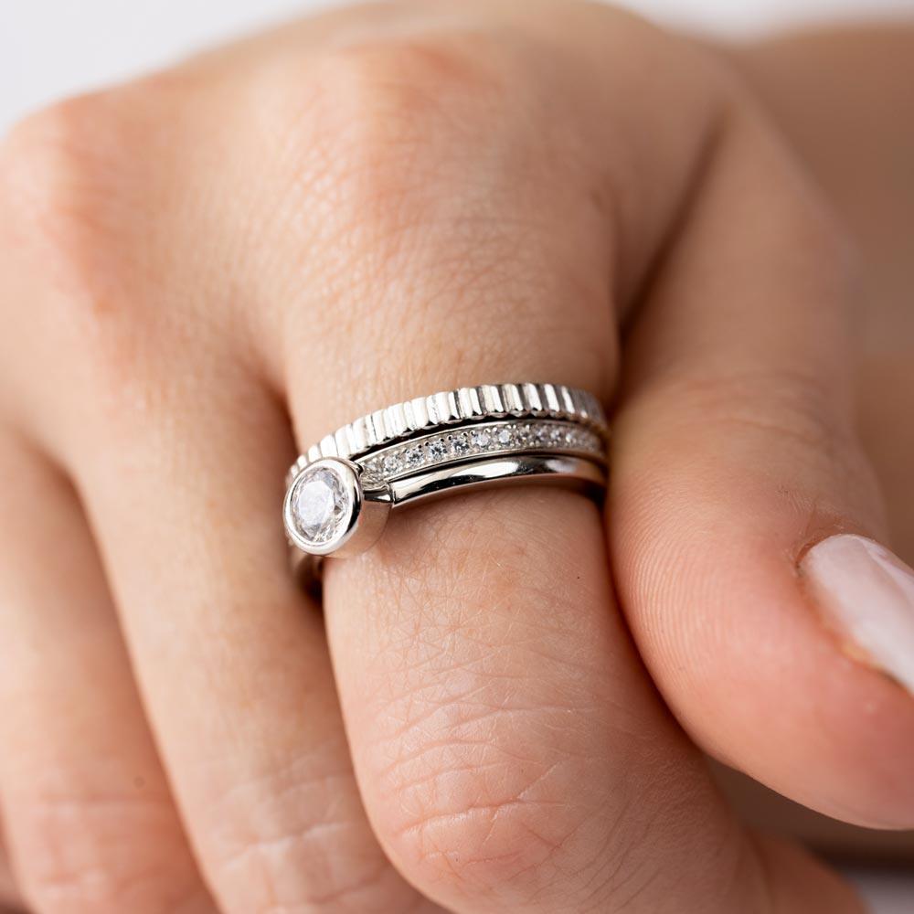 Rhodium Plated 925 Sterling Silver Channel Center CZ Stackable Ring Set - STR01125