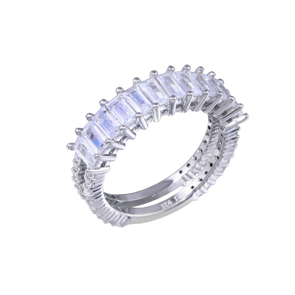 Rhodium Plated 925 Sterling Silver Two Bar Baguette with Clear CZ Ring - STR01146