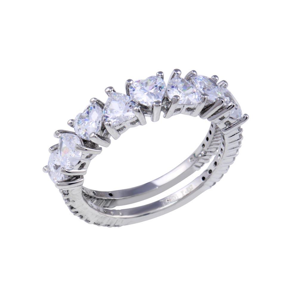 Rhodium Plated 925 Sterling Silver Two Bar Multi Heart CZ Ring - STR01133RH