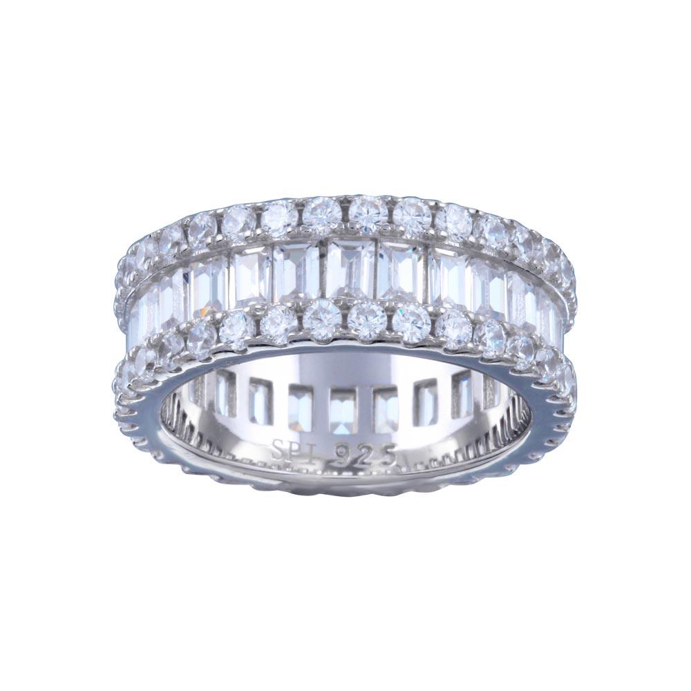 Rhodium Plated 925 Sterling Silver CZ Baquette Band with Border Ring - STR01144 | Silver Palace Inc.