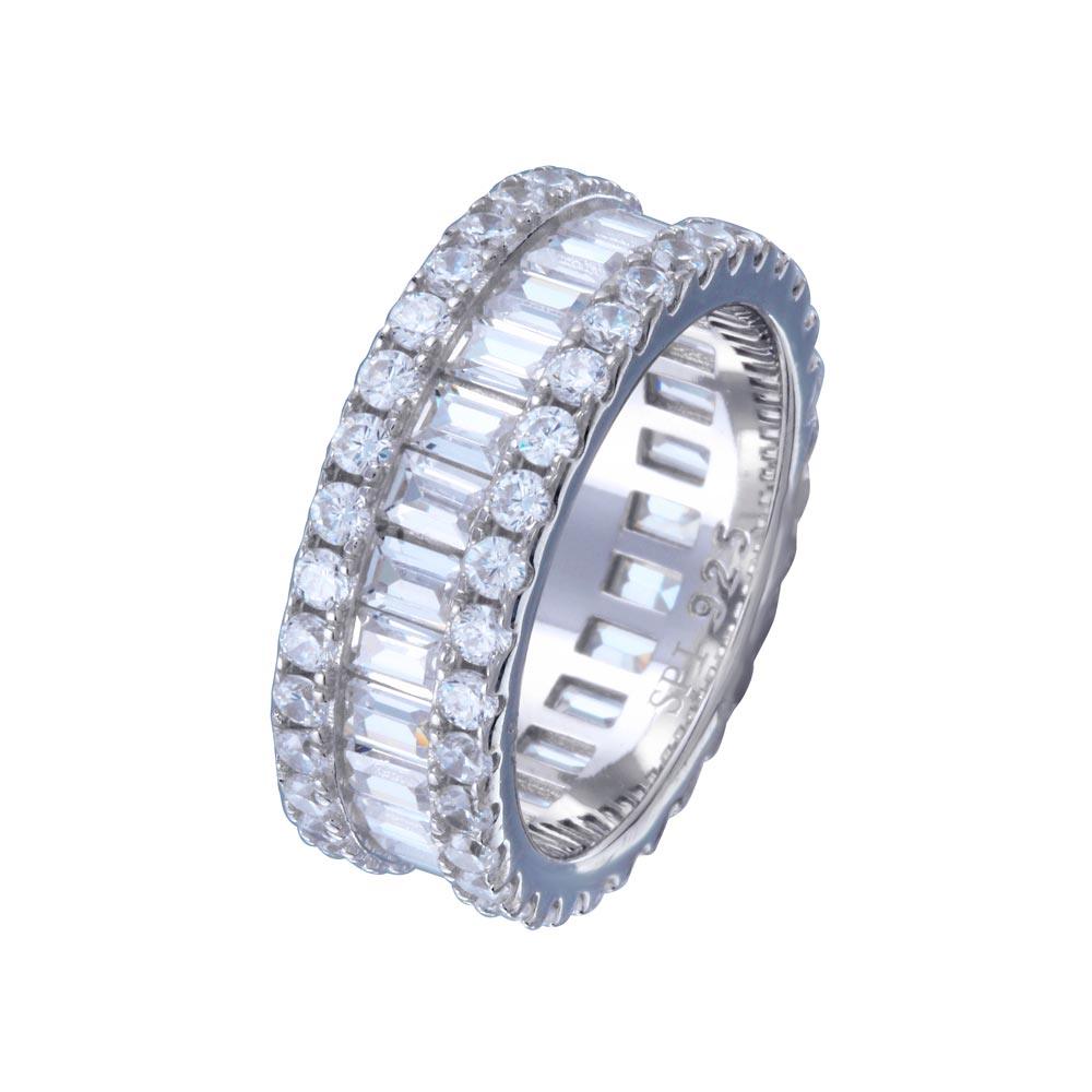 Rhodium Plated 925 Sterling Silver CZ Baquette Band with Border Ring - STR01144