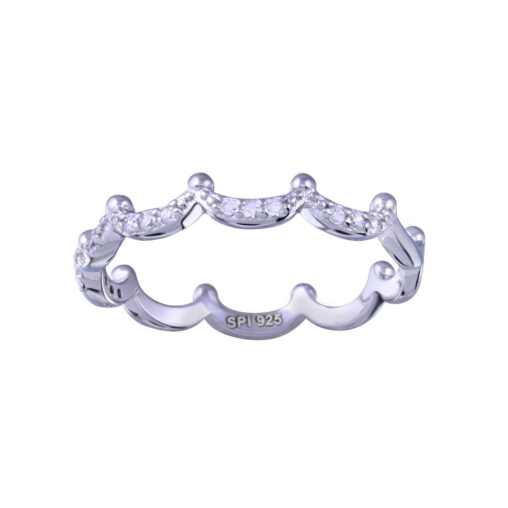 Rhodium Plated 925 Sterling Silver Half Eternity Crown Clear CZ Ring - STR01155