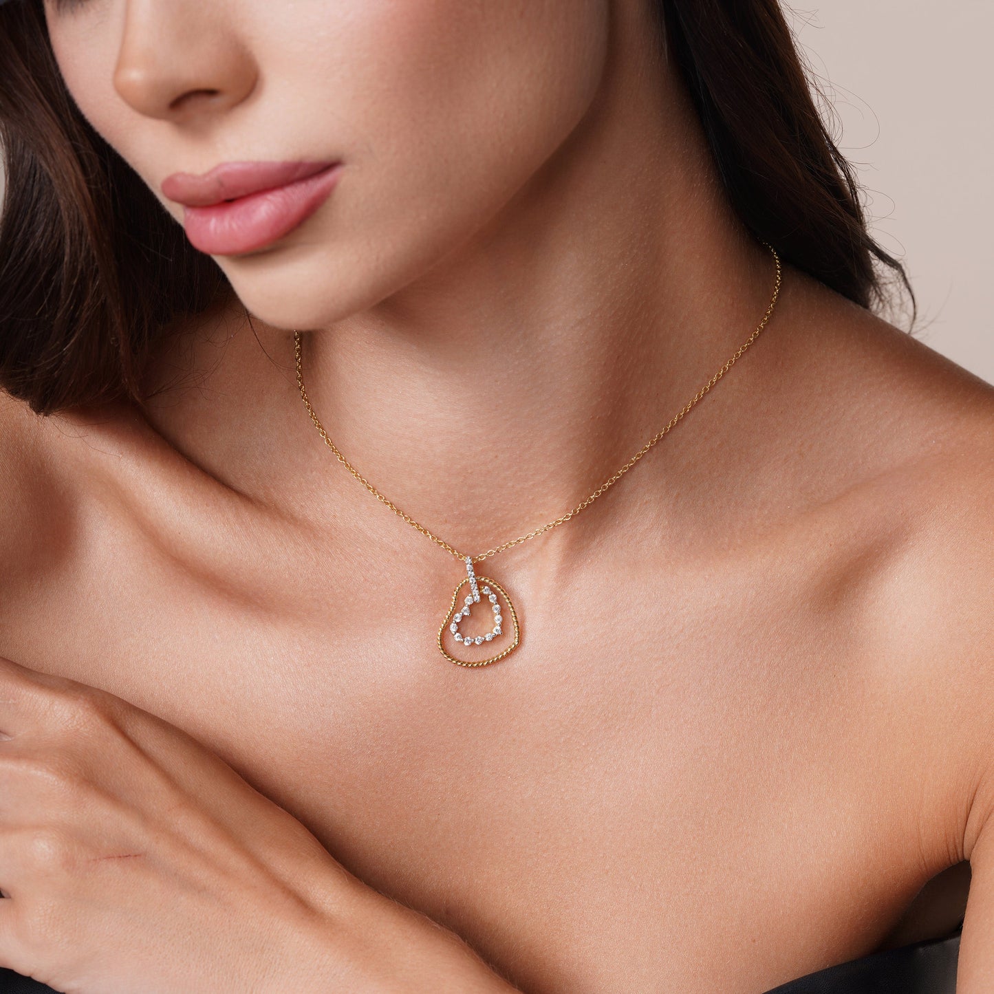 Clearance-Gold Plated 925 Sterling Silver Double Heart Dangle CZ Sets - STS00138