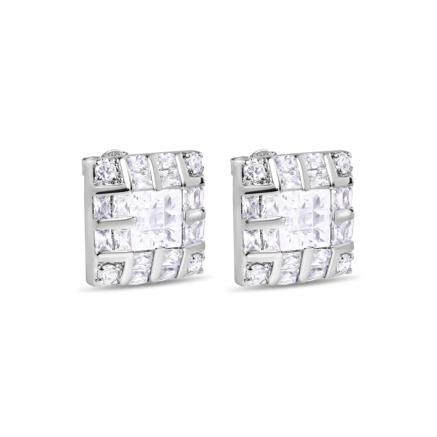 Clearance-Rhodium Plated 925 Sterling Silver Square INV Clear CZ Earrings- STEM131