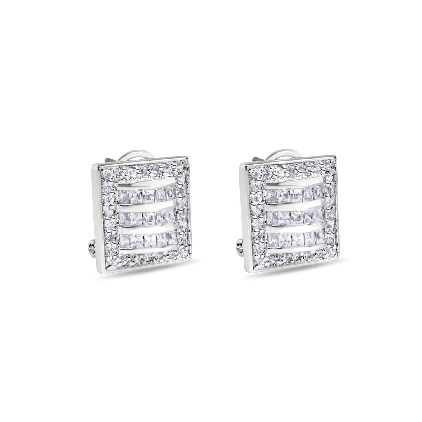 Clearance-Rhodium Plated 925 Sterling Silver Square Linear Design Clear CZ Lever back Earrings - STEM132
