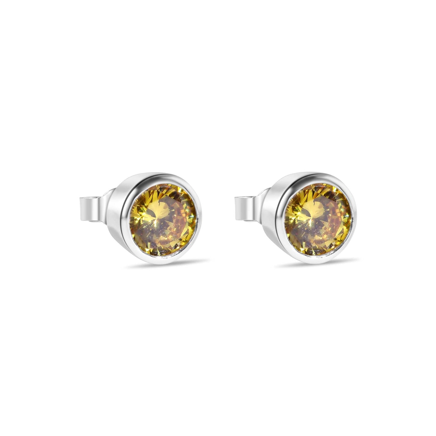Clearance-Rhodium Plated 925 Sterling Silver Round Yellow Citrine CZ Earrings - STEM133