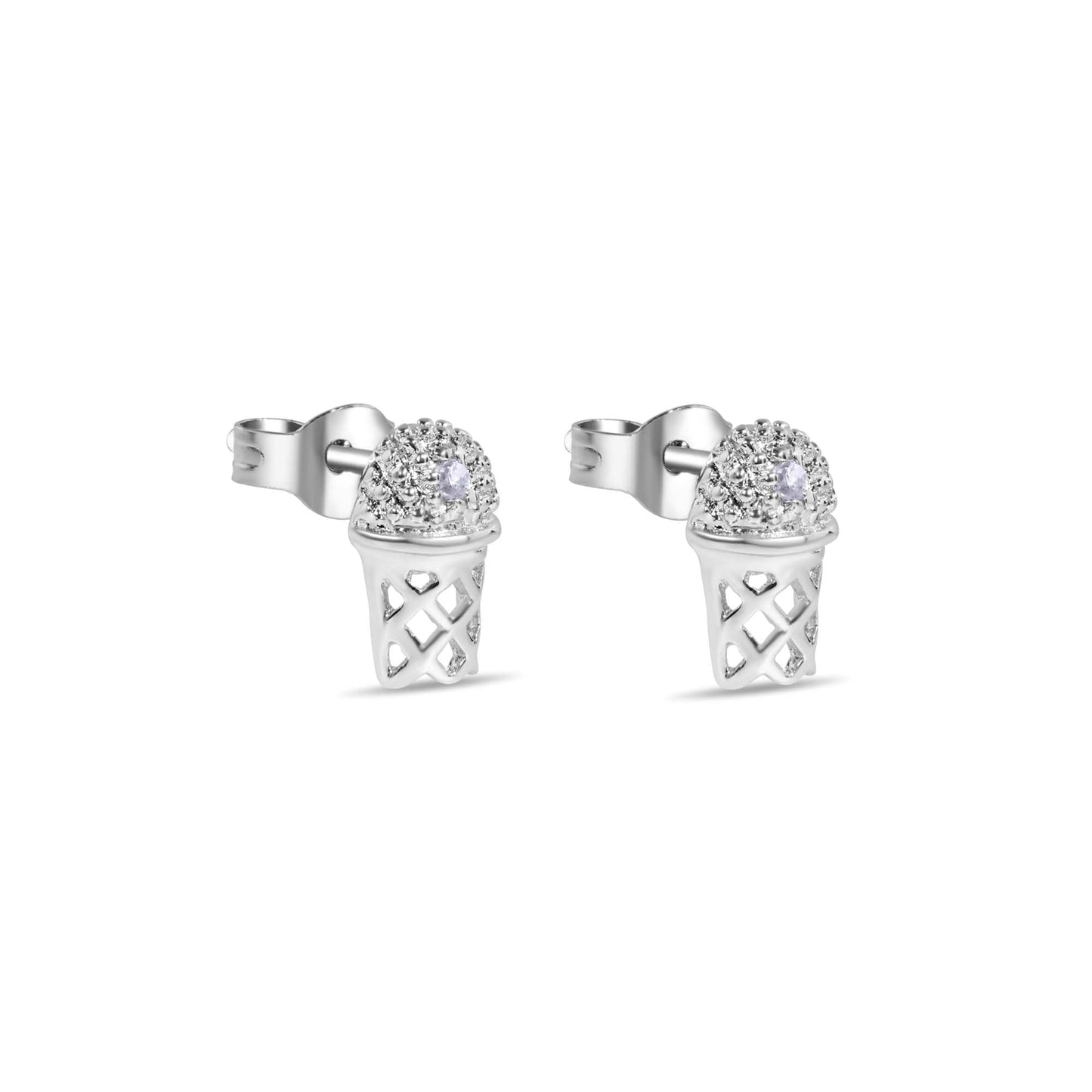 Clearance-Rhodium Plated 925 Sterling Silver Small Basketball Rim CLR CZ Earrings - STEM134CLR