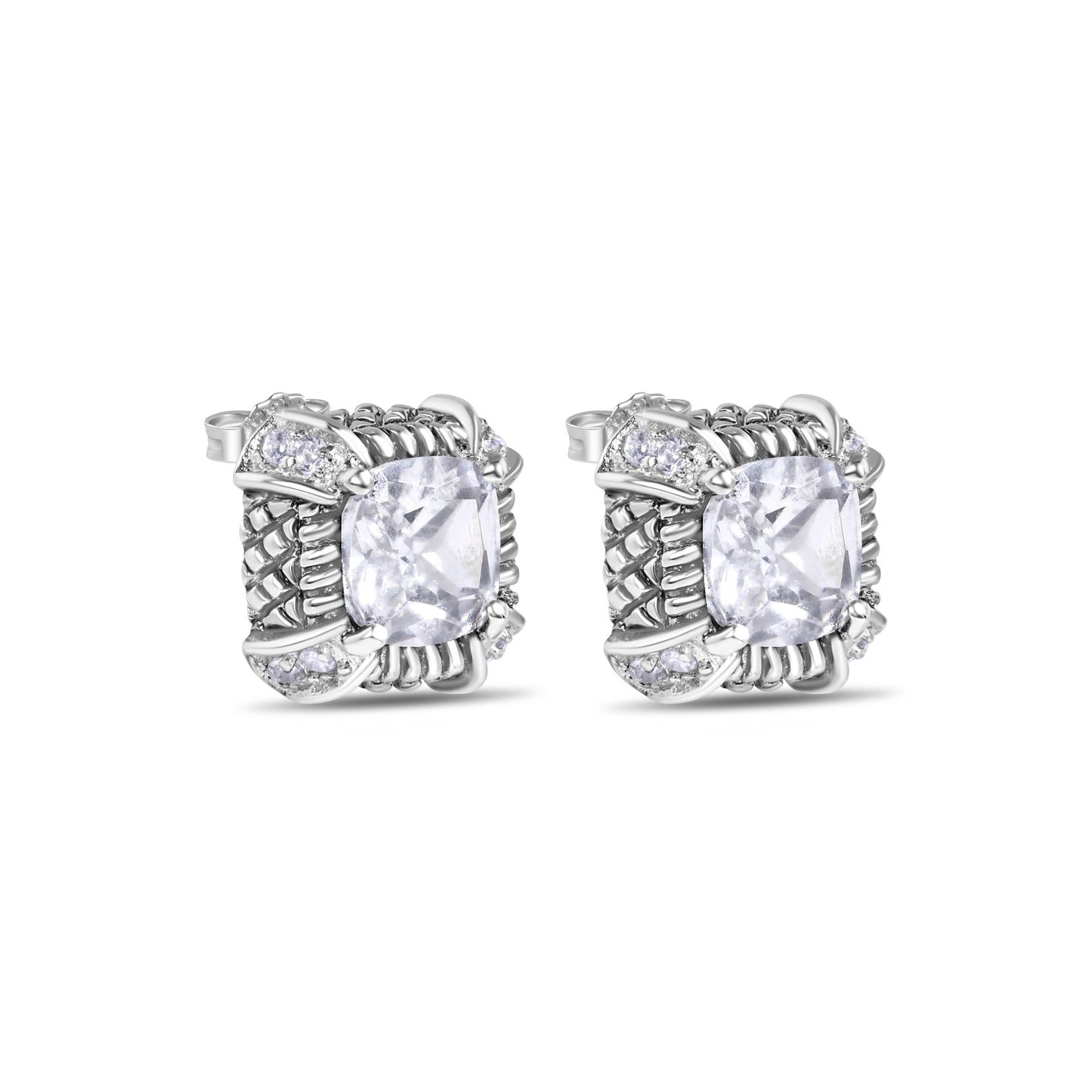 Clearance-Rhodium Plated 925 Sterling Silver Square CZ Stud Earring - STEM140