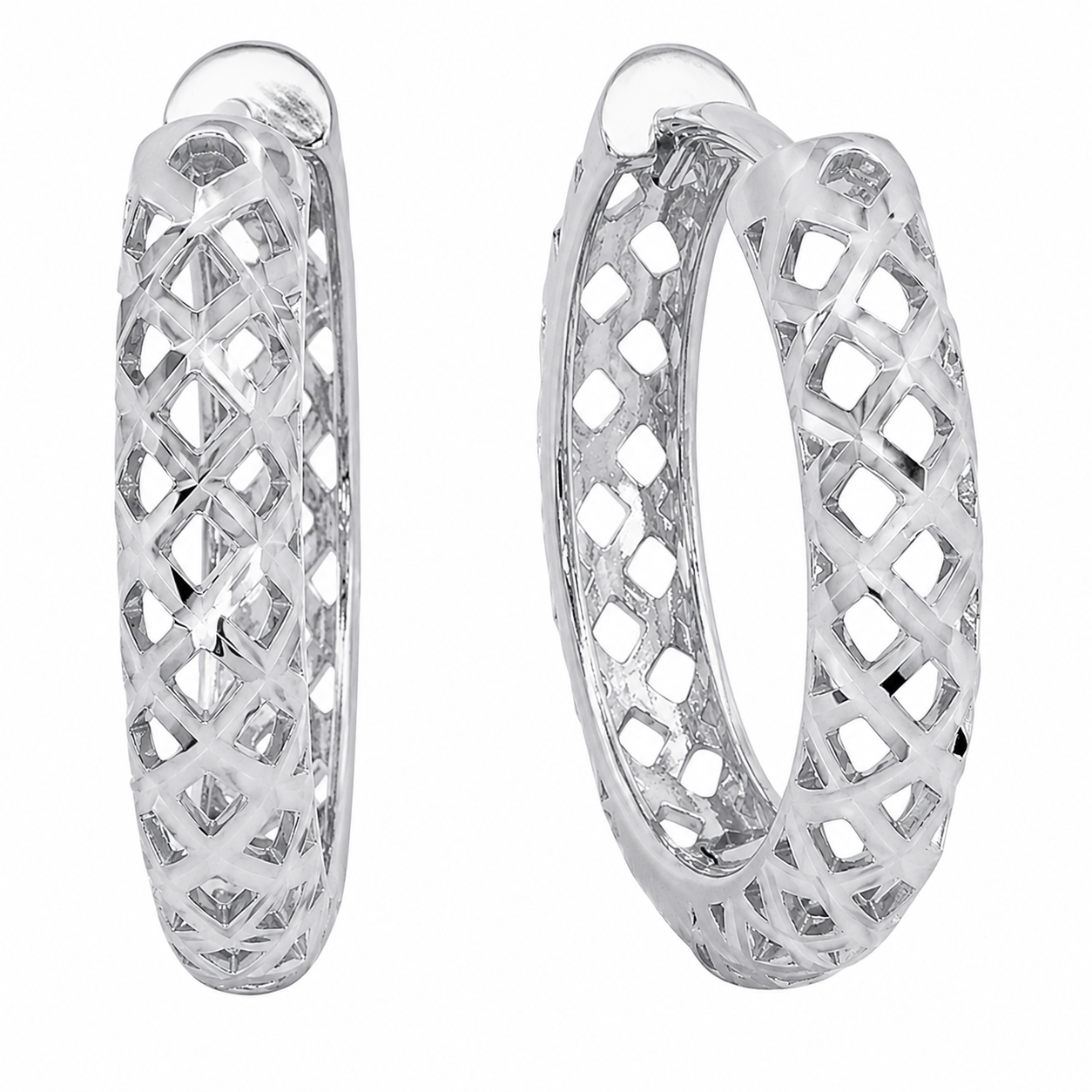 Rhodium Plated 925 Sterling Silver Diamond Cut Openwork Textured Lattice Hoop Earrings - TGE00038