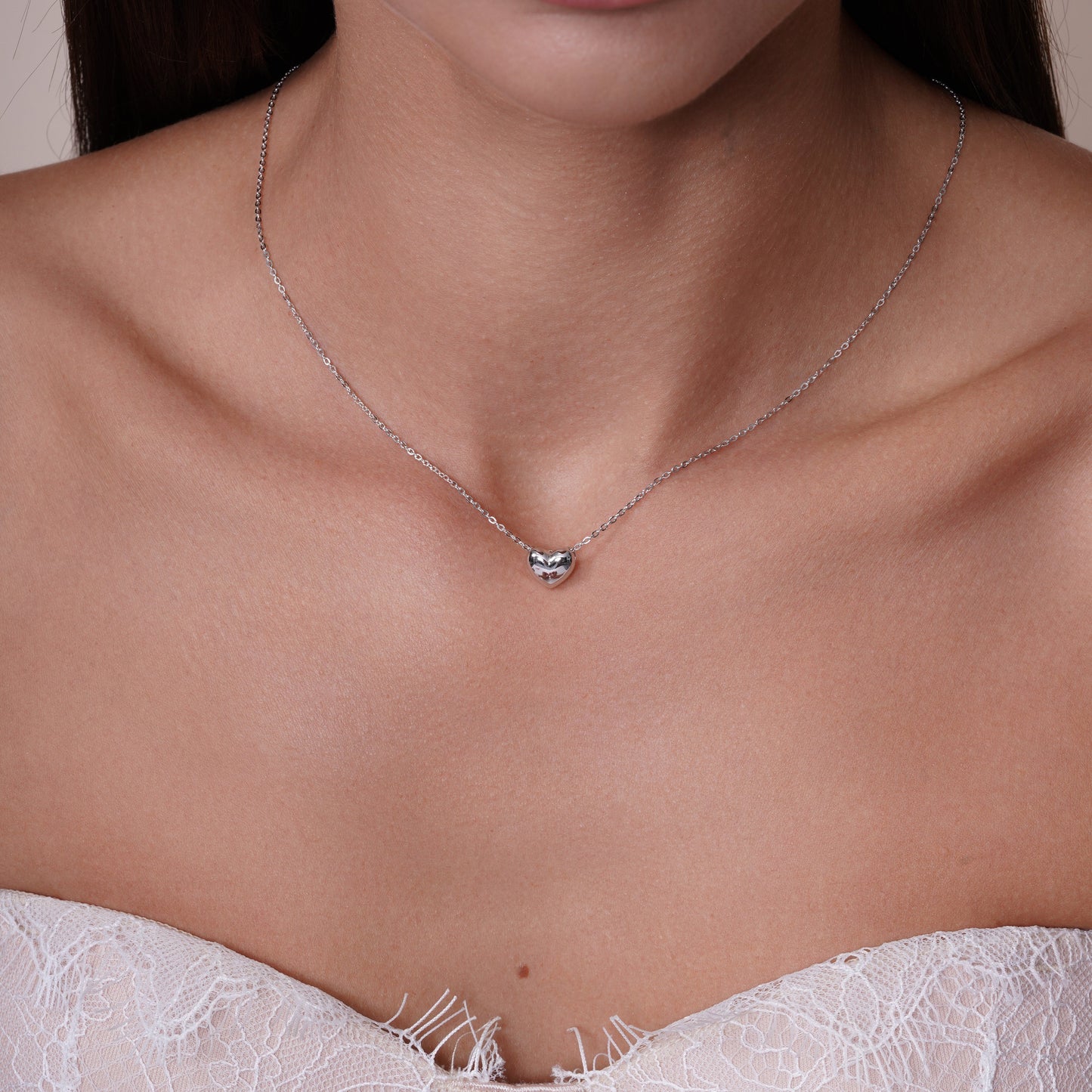 Rhodium Plated 925 Sterling Silver 9.6mm x 7.5mm Heart Adjustable Necklace - TGN00001