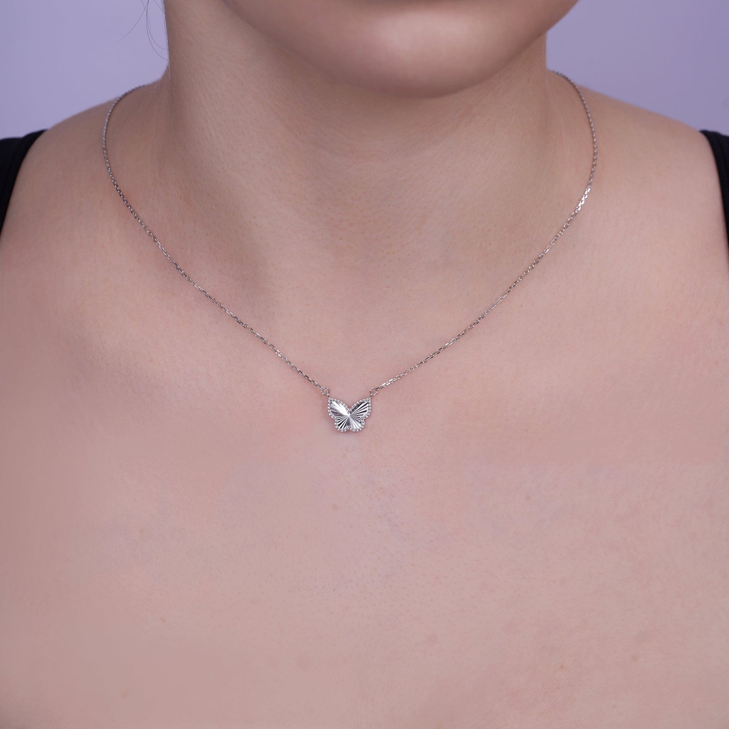 Rhodium Plated 925 Sterling Silver 11.7mm x 10.9mm Diamond Cut Butterfly Adjustable Necklace - TGN00003