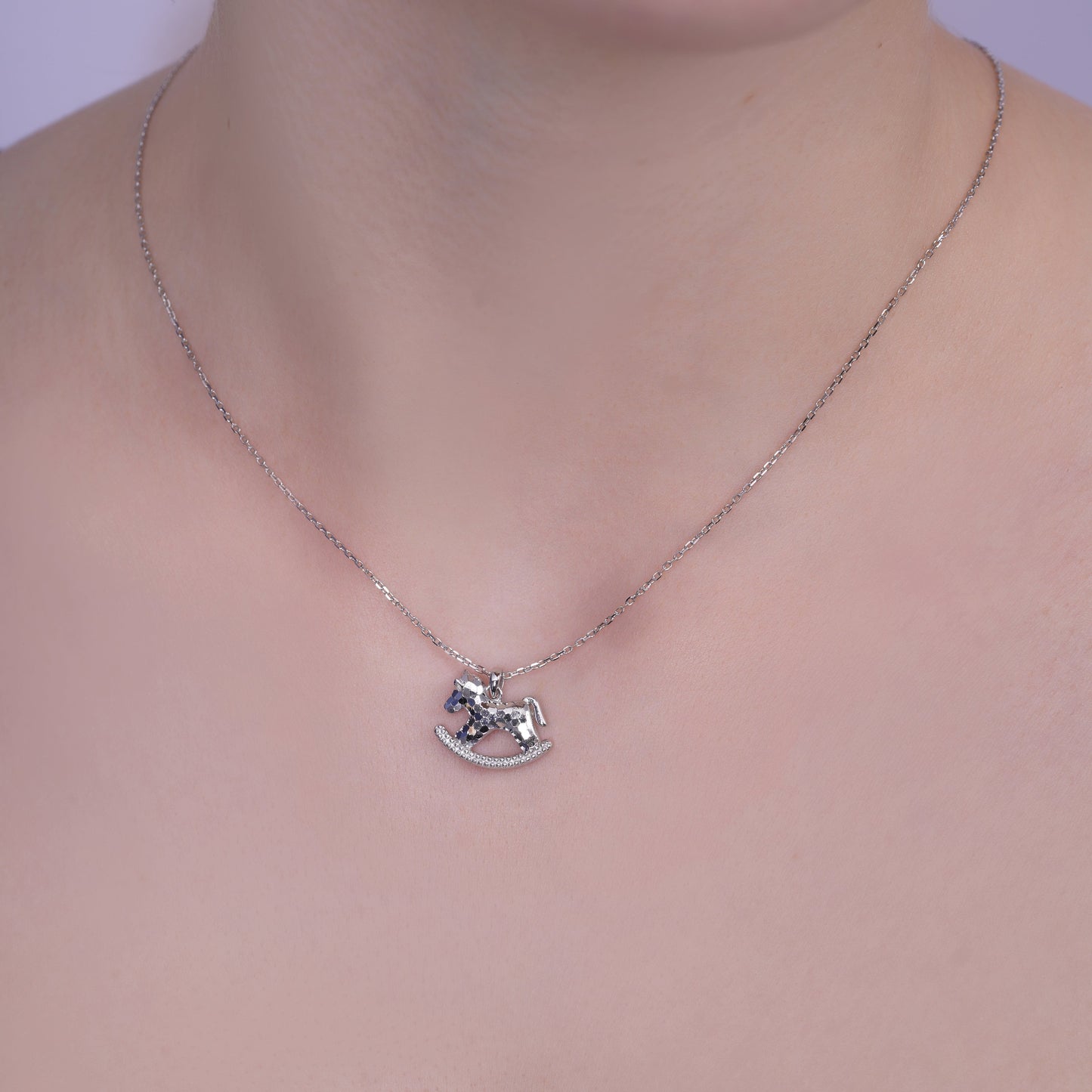 Rhodium Plated 925 Sterling Silver 17.6mm x 13.5mm Diamond Cut Rocking Horse Adjustable Necklace - TGN00004