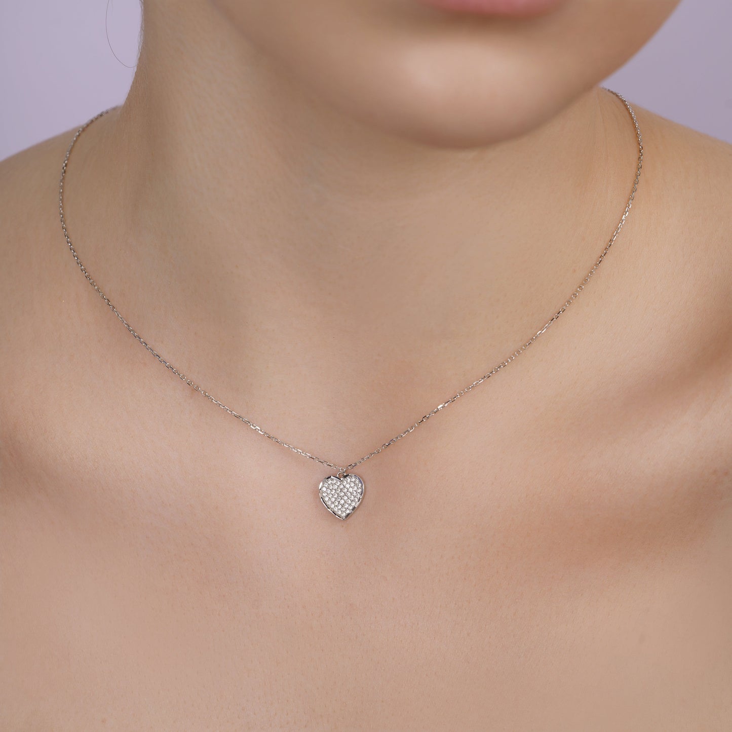 Rhodium Plated 925 Sterling Silver 11mm x 13mm Heart CZ Studded Adjustable Necklace - TGN00005