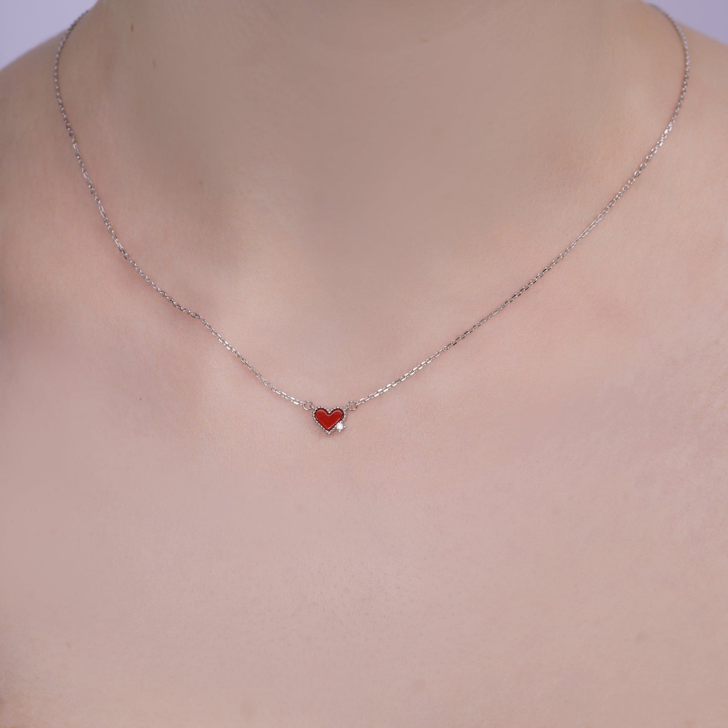 Rhodium Plated 925 Sterling Silver 7mm x 6mm Red Heart Single CZ Adjustable Necklace - TGN00006AGT
