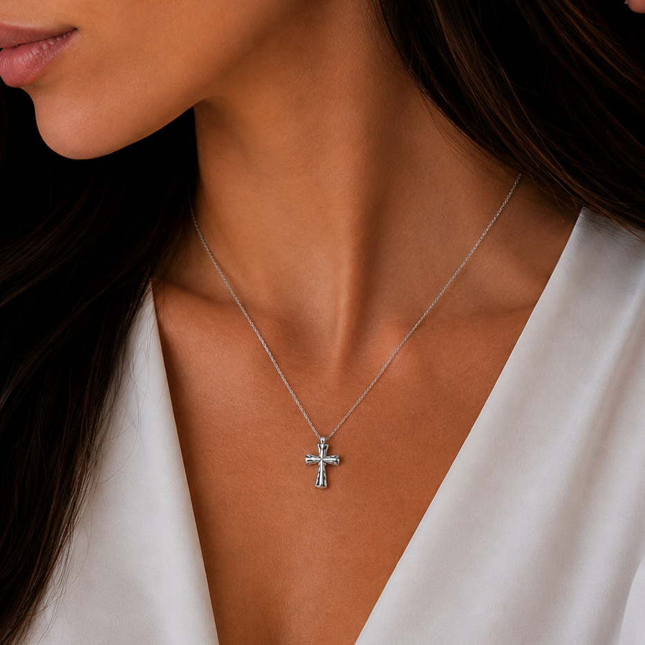Rhodium Plated 925 Sterling Silver Diamond Cut Cross Necklace - TGN00020