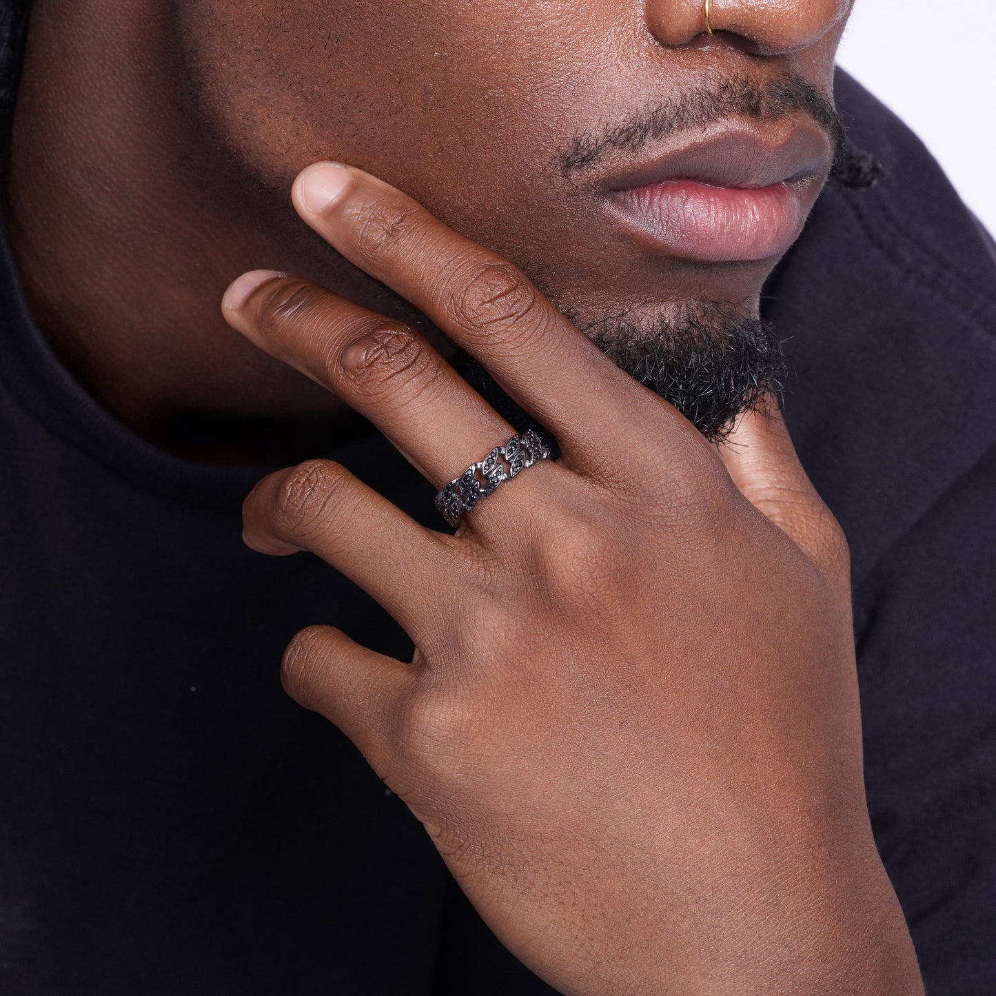 Black Rhodium Plated 925 Sterling Silver Men's Cuban Black CZ 7mm Ring - TGR00003