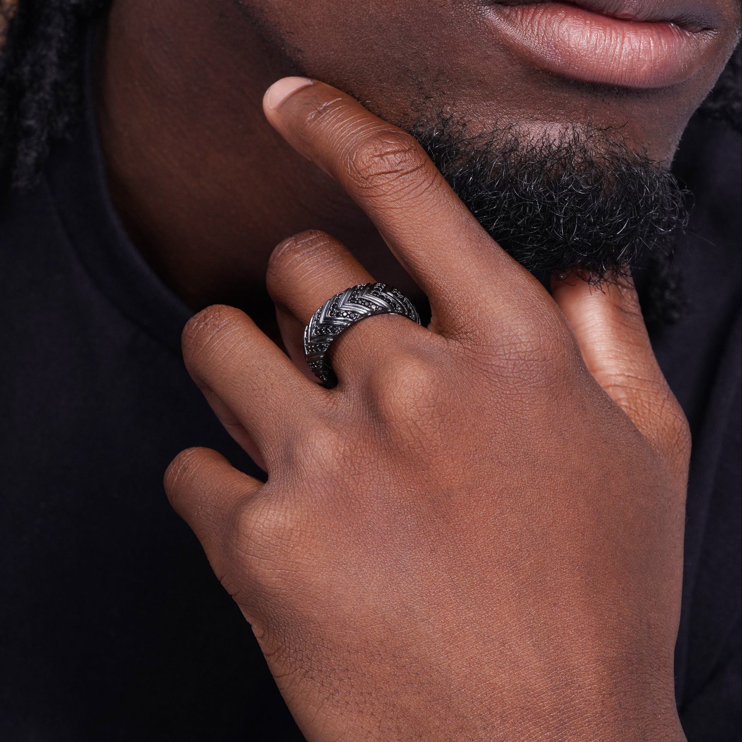 Black Rhodium Plated 925 Sterling Silver Men's Pattern Band Black CZ 8.3mm Ring - TGR00006