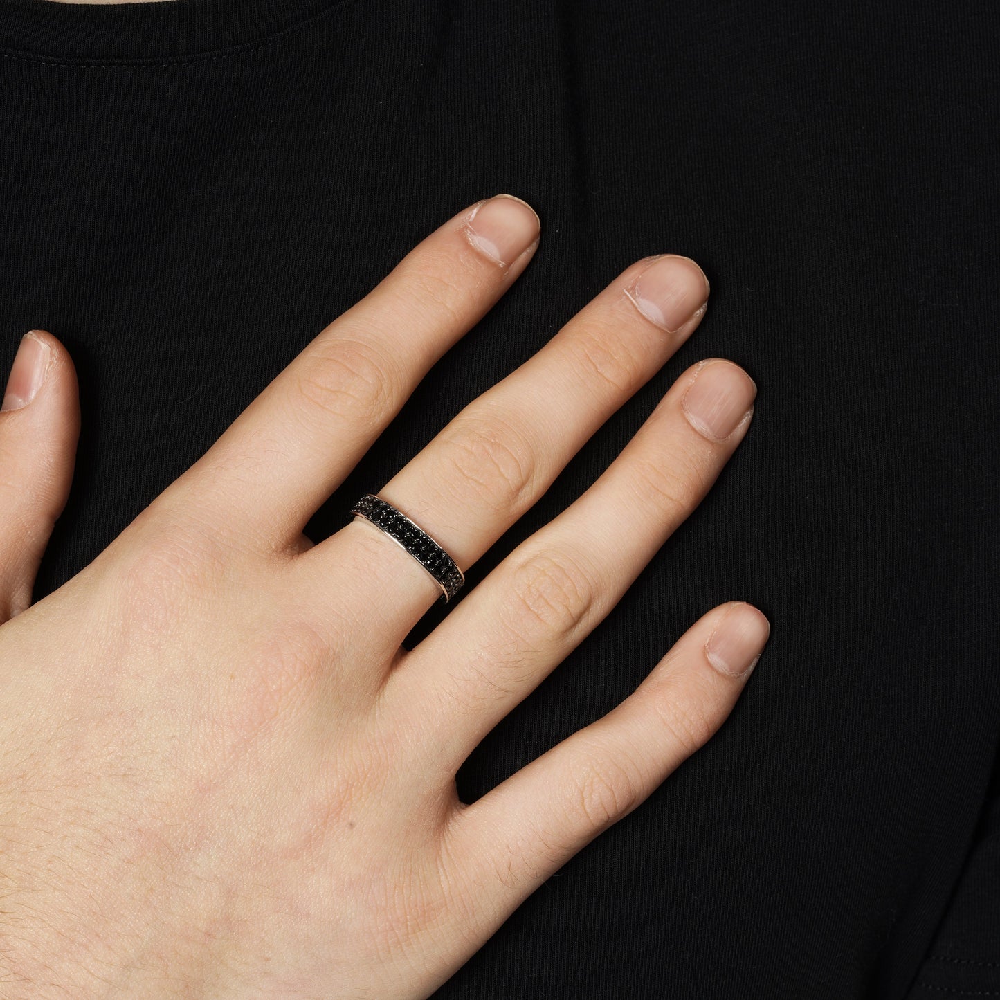 Rhodium Plated 925 Sterling Silver Men's Iced Out Black CZ 4.8mm Ring - TGR00008