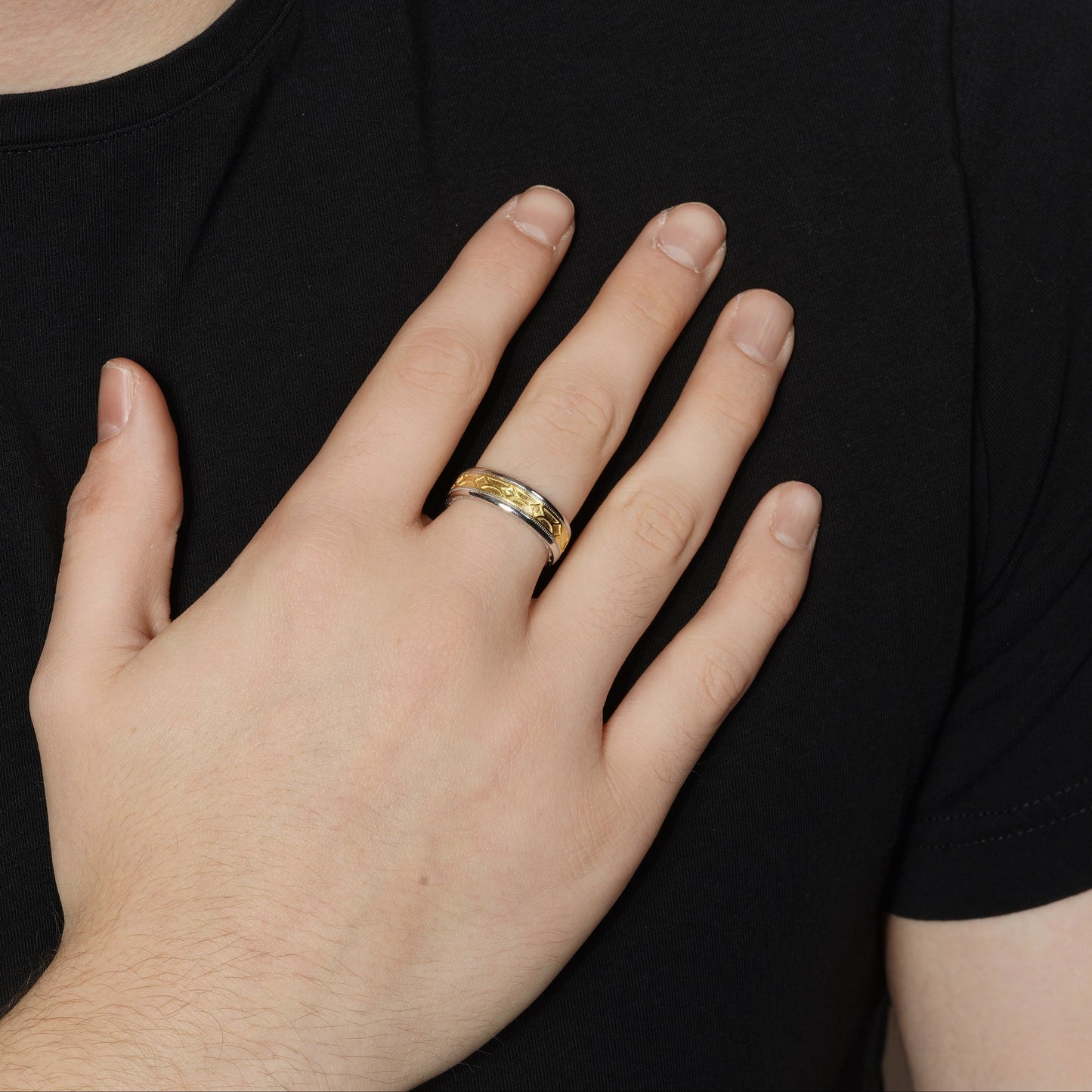 Two-Tone Plated 925 Sterling Silver Men's Satin Finish Geometric Inlay Pattern 6.6mm Ring - TGR00019RG