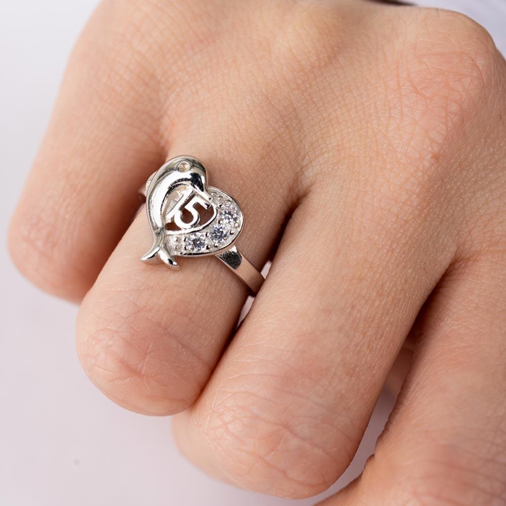 Rhodium Plated 925 Sterling Silver Crown 15 Heart Dolphin Ring with CZ - TMR00007