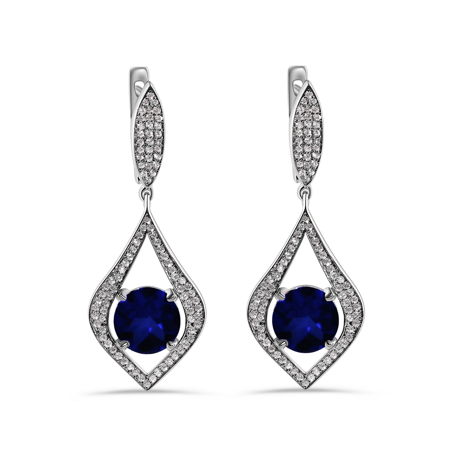 Rhodium Plated 925 Sterling Silver Chandelier Round Sapphire CZ Dangling Earring - AME0000BLUE