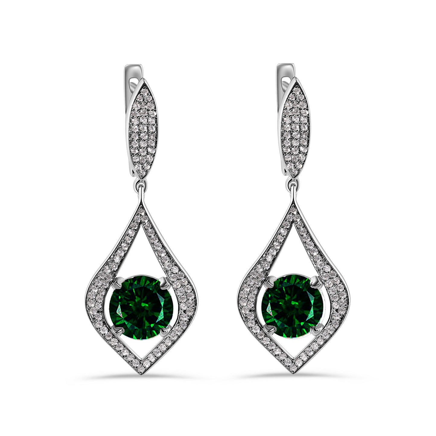 Rhodium Plated 925 Sterling Silver Chandelier Round Emerald CZ Dangling Earring - AME0000GREEN