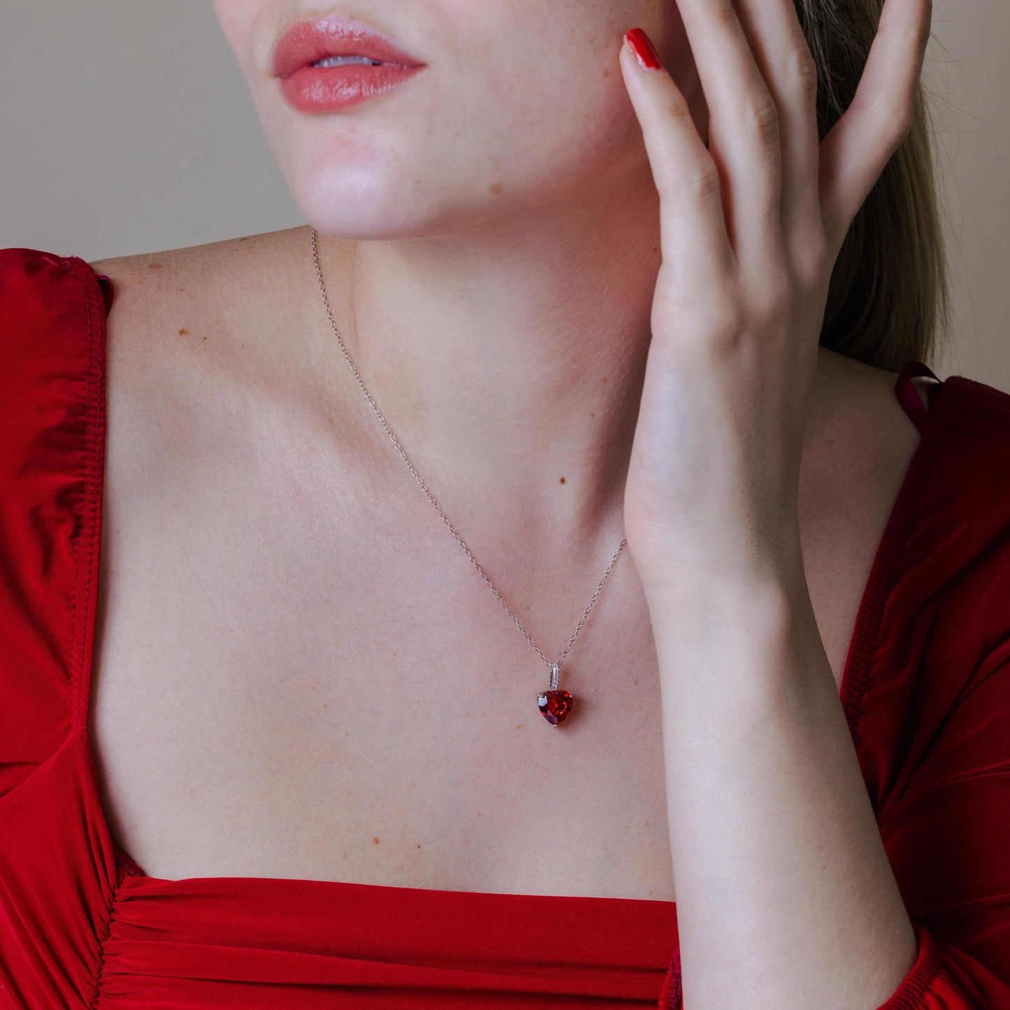 Rhodium Plated 925 Sterling Silver Red Heart CZ Necklace - BGP01440