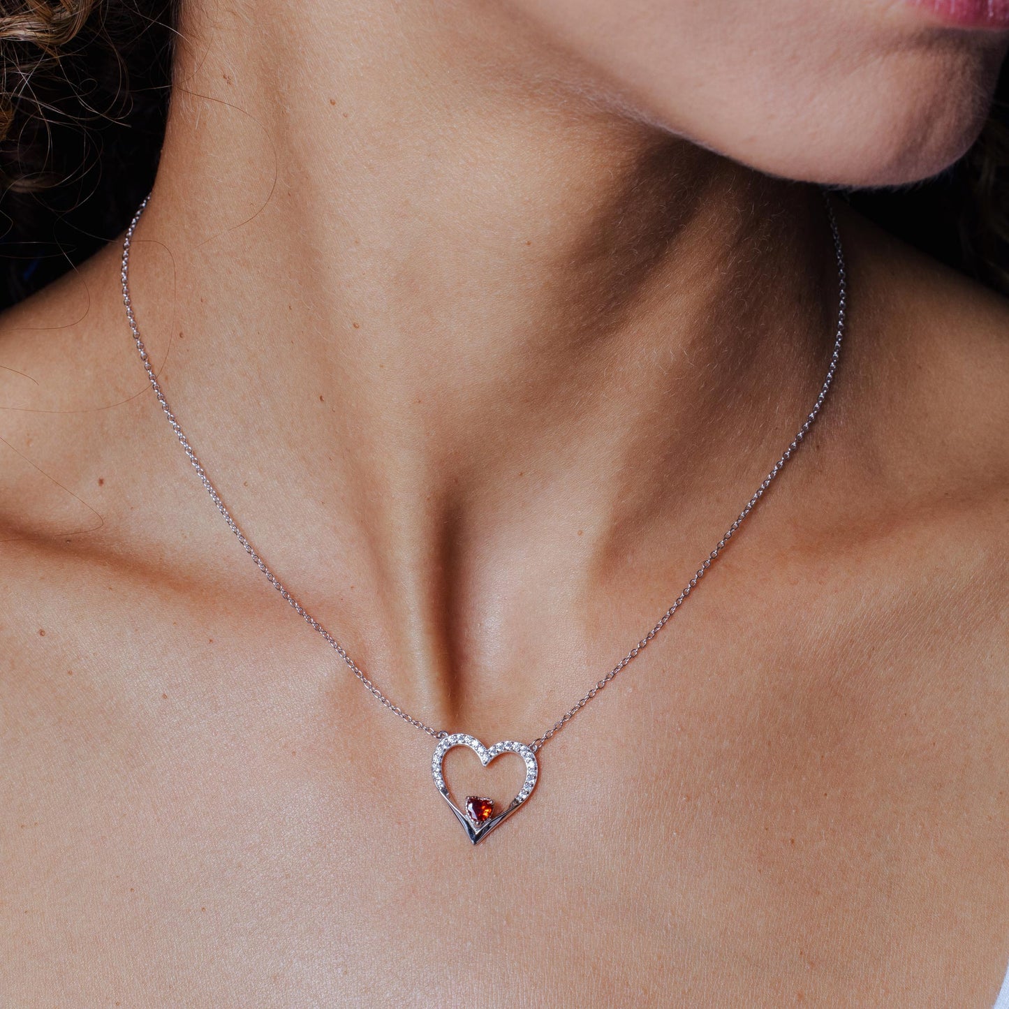 Rhodium Plated 925 Sterling Silver Clear Red CZ Open Heart Necklace - BGP01477