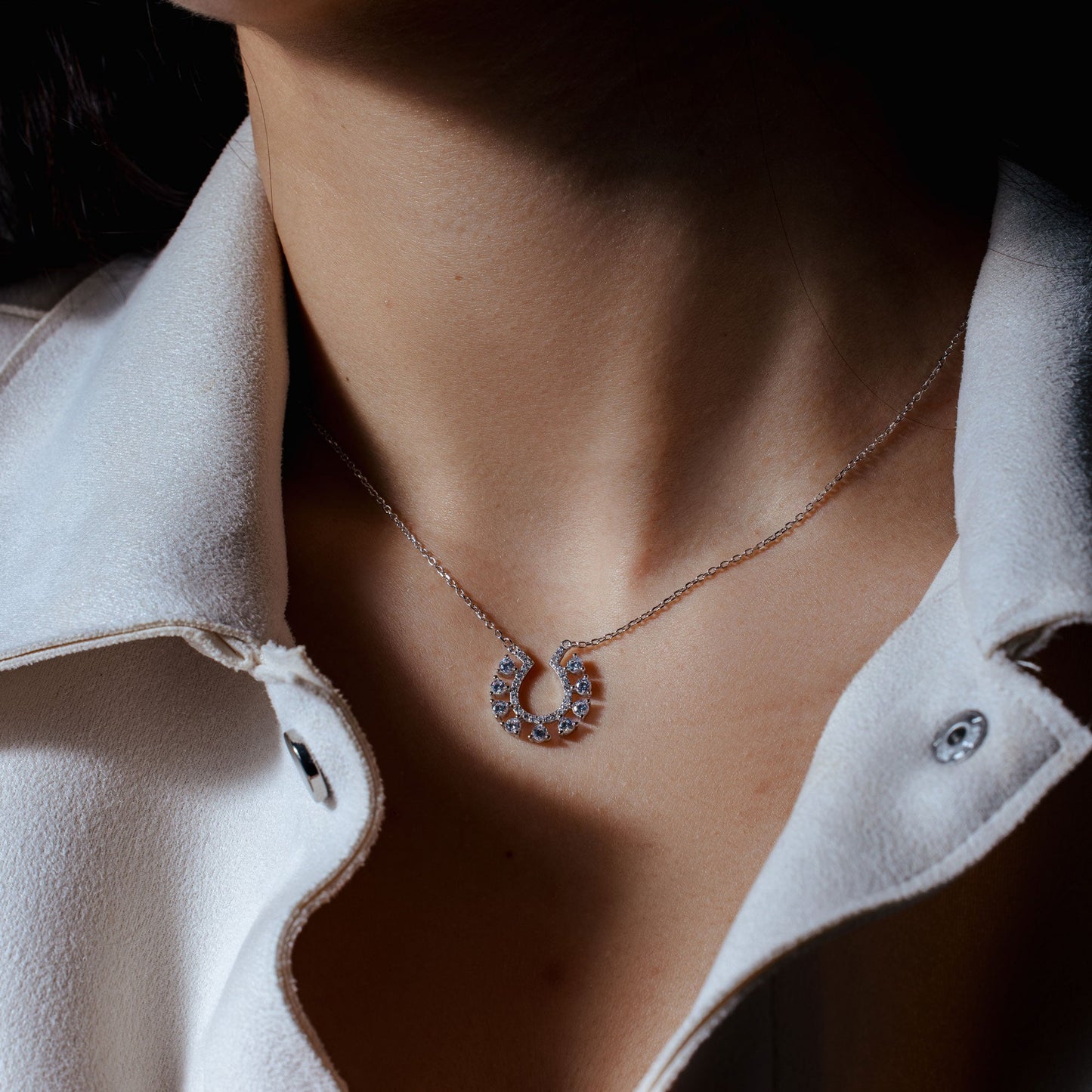 Rhodium Plated 925 Sterling Silver Horseshoe Clear CZ Studded Necklace - BGP01486