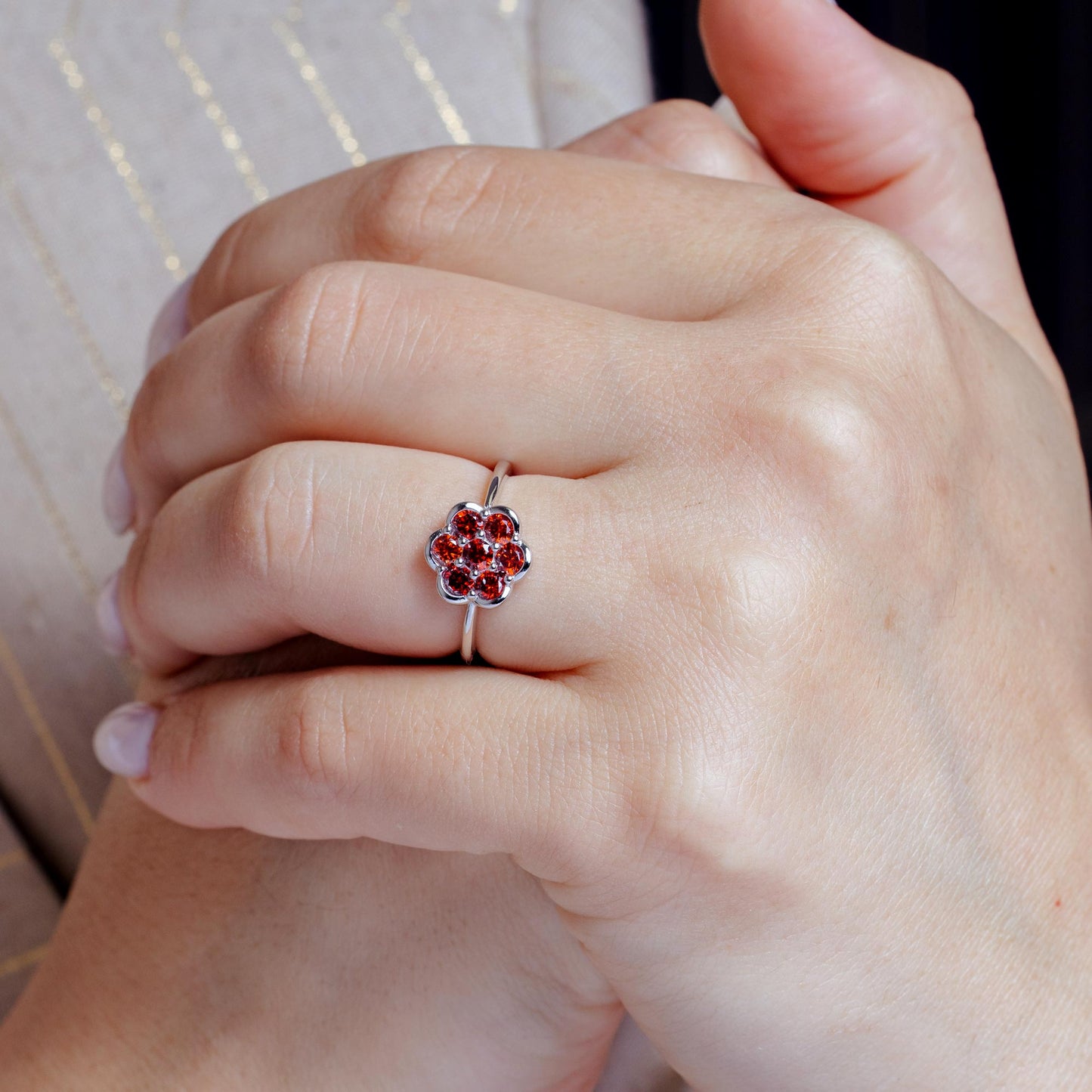 Rhodium Plated 925 Sterling Silver Flower Ring with Red CZ - BGR01152RED