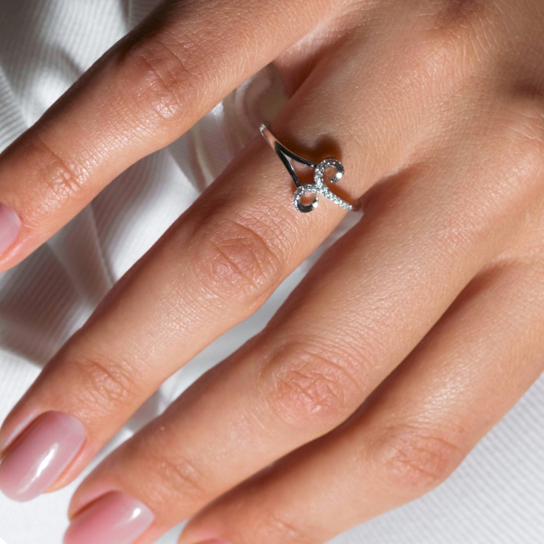Rhodium Plated 925 Sterling Silver Aries CZ Zodiac Sign Ring - BGR01324