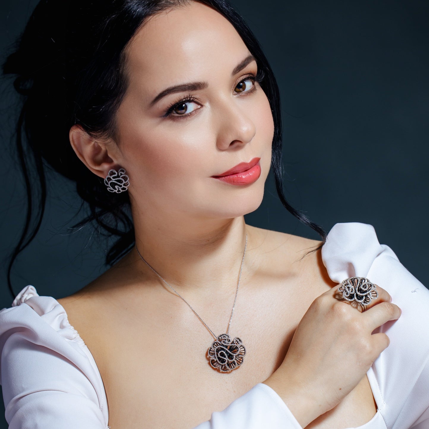 Clearance-Black Rhodium Plated 925 Sterling Silver Outline CZ Flower Set - BGS00233