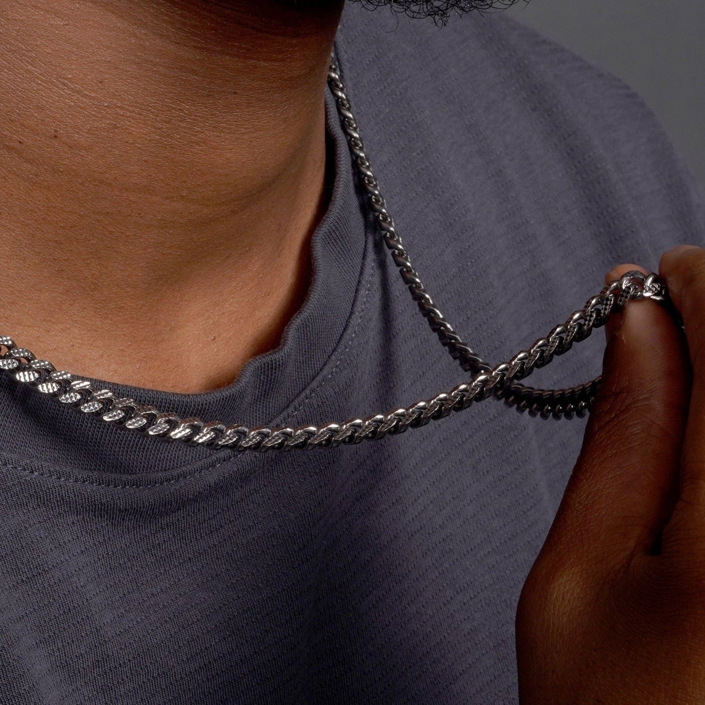 925 Sterling Silver Miami Curb Platinlux Plated One Sided Pyramid Pave 200 7mm Chain - CH956 BLK